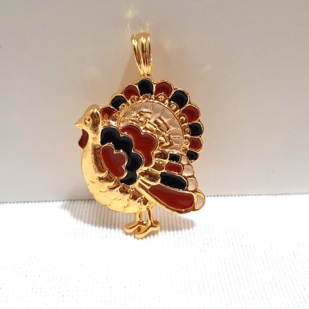 Vintage 1995 Turkey Pendant by Bergdorf Goodman Gold Tone Colorful Enamel